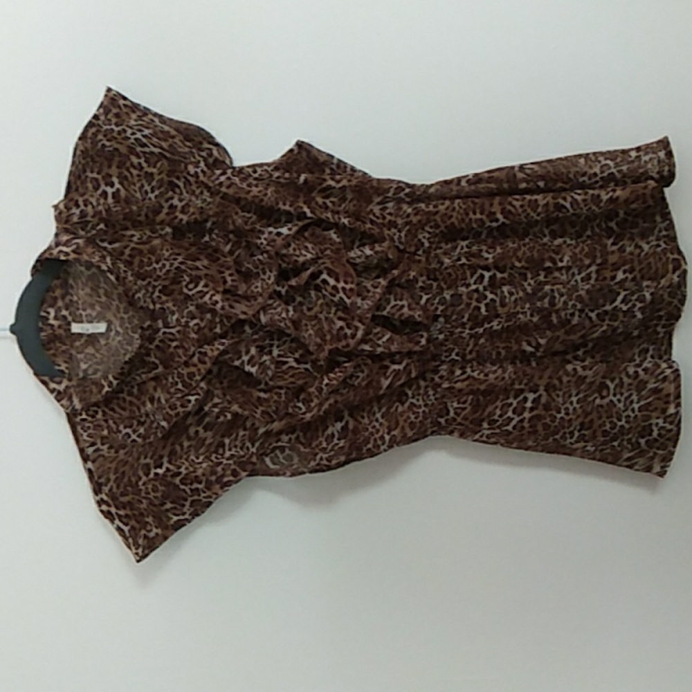 Myth SZ L Leopard Print Ruffle Front Button Down Blouse Stretch Waist